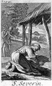 Heiliger Severin, Evangelisierer von Noricum (heutiges Österreich), beim Lesen. Gravur aus dem 17. Jahrhundert. von Unknown artist
