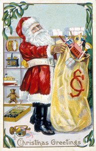 Weihnachtsmann bereitet Geschenke vor - Weihnachtskarte. Amerikanische Grußkarte, späte 19. Jahrhundert.