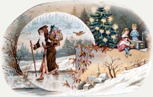 Der Weihnachtsmann bringt den Kindern Geschenke. Chromolithographie aus dem späten 19. Jahrhundert. von Unknown artist