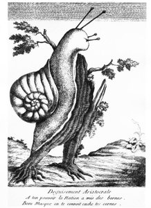 Satirische Zeichnung: aristokratische Verkleidung (eine Schnecke auf einem Baumstumpf): „Zu deiner Macht setzte die Nation die Grenzen, schöne Maske, wir kennen dich, verstecke deine Hörner“ - 1790, Musée Carnavalet. von Unknown artist