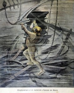 Taucher sucht nach Wracks in Le Havre. Illustration des „Petit Journal“ von 1892.