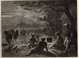 Ruhepause auf dem Land, im Mondlicht, Matten werden nach dem Arbeitstag auf dem Boden aufgestellt. Gravur zur Illustration der Reise nach Japan in den Jahren 1863-1864 von Aimé Humbert, Minister der Schweizerischen Eidgenossenschaft, in „Le tour du monde, 
