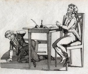 Schüler an einem Tisch mit Tintenfass. Gravur späte 18. Jahrhundert. Private Sammlung. von Unknown artist