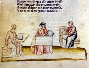 Wissenschaftler studieren in einem Kloster. Miniatur aus dem französisch-italienischen Manuskript „Entrée d