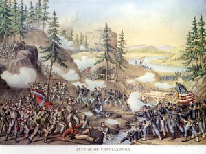 Sezessionskrieg (1861-1865) oder Amerikanischer Bürgerkrieg: 24.-25.11.1863: Nach zwei Tagen Schlacht bei Chattanooga, Tennessee, Sieg der Nordarmee unter General Rosecrans. Gravur