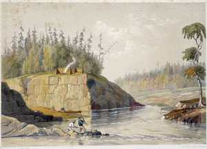 Siedler in Kanada beim Angeln in einem Fluss - in „Sketches on the nipisaguit a river of New Brunswick in America“ von William Hickman, ed. Halifax