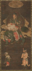 Shakyamuni-Triade: Buddha begleitet von Manjushri und Samantabhadra (Bodhisattva mit Löwe)