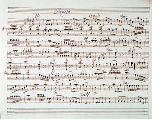 Notenseite für die erste Geige in der Ouvertüre von Mithridate, König von Pontus, Oper von Mozart (1770)