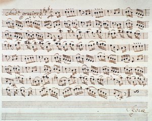Notenseite für die erste Violine in der Ouvertüre von Mithridate, König von Pontus, Oper von Mozart (1770)