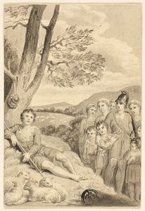 Hirtenjunge mit Herde, beobachtet von Krieger, Frauen und Kindern von Unknown artist