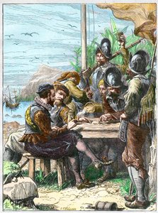 Sir Walter Raleigh in Trinidad, Informationen von spanischen Soldaten über Guiana einholend, 1595 (Expedition von Walter Raleigh) von Unknown artist