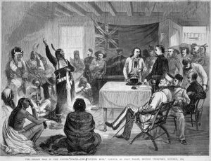 Sitting Bull und Buffalo Bill: Sitting Bull Rat am Fort Walsh, britisches Territorium, während des Krieges mit den Indianern, Oktober 1877 von Unknown artist