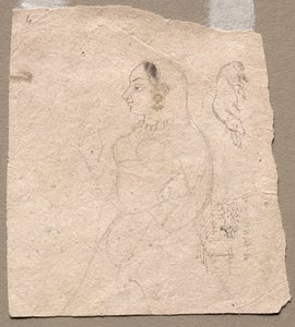 Skizze einer Frau mit einem Elefanten und anderen Tieren auf der Rückseite von Unknown artist