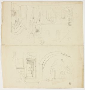 Skizzen von Türöffnung, Figuren, Gebäude mit Seiteneingang zur Kirche (recto); Skizze eines Turms (verso)
