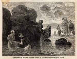 Kleine Fischereiaktivitäten an einem Strand in Sinagawa, Kinder planschen im Wasser und fangen Krabben und kleine Fische. Gravur zur Illustration der Reise nach Japan, in den Jahren 1863-1864, von Aime Humbert, Minister der Schweizerischen Eidgenossenschaf