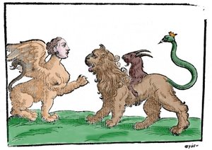 Sphinx gegen Chimäre nach Mythologiae sive explicationes fabularum von Natalis Comitis. Patavia 1637