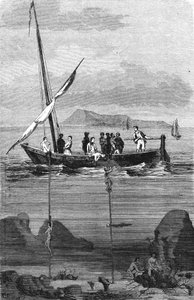 Schwammfischen entlang der Küste Syriens: Taucher steigen hinab, um die Schwämme von Hand zu sammeln. Gravur aus dem 19. Jahrhundert von Unknown artist