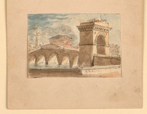 Bühnenbild, Brücke über Wasser von Unknown artist