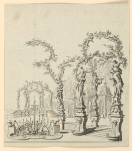Bühnenbild: Gartenarchitektur mit Brunnen und Skulpturen von Unknown artist