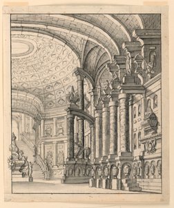 Bühnenbild: Halle mit Kassettendecke und Urnen