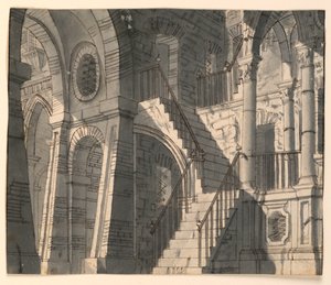 Bühnenbild, steinerner Innenraum mit Treppe von Unknown artist