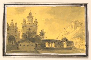 Bühnenbild, Stadt in Landschaft