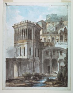 Bühnenbild, Ansicht einer Stadt am Hang von Unknown artist