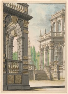 Bühnenbild: Villa mit Obelisk und Albani-Wappen