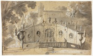 Treppe und Brunnen (recto); Sitzender männlicher Akt im Profil nach links, nach oben blickend (verso) von Unknown artist