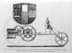 Dampfwagen montiert auf dem Gewöhnlichen, gebaut 1801 von Trevithick und Vivian. Gravur des 19. Jahrhunderts