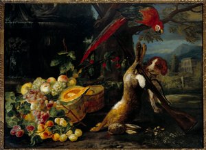 Stillleben mit Wild, Papagei und Früchten