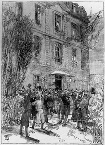 Studentendemonstration zu Ehren von Michel Eugène Chevreul (1786-1889) im Jardin des Plantes in Paris. Gravur in „Die illustrierte Welt“ 1885. von Unknown artist