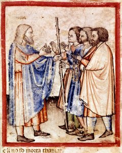 Tamar präsentiert Juda das Siegel, die Schnur und den Stab, die er als Sicherheit hinterlassen hatte. Miniatur aus Codex 212 (oder Padovano Codice oder Bibel von Padua) 1390-1400