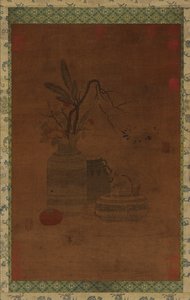 Wandteppich: eine Schale, zwei Krüge, Blumen und Früchte von Unknown artist