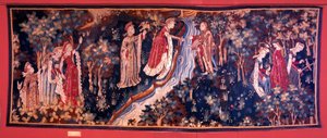 Wandteppich, der eine Romanze darstellt: eine junge Adlige versucht, ihren Liebhaber auf der anderen Seite des Flusses zu erreichen. Die junge Frau wird von ihren Begleitern mit einem Blumenkranz bedeckt. Ca. 1420. Aus Arras. Dekorative Künste, Paris von Unknown artist