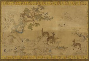 Wandteppich: Landschaft mit Hirschen, Störchen, Kiefern und Pfirsichbaum von Unknown artist