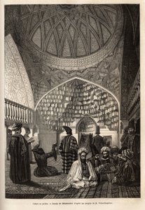 Tataren beim Gebet, in der Moschee von Schusha (Transkaukasien, Russland). Gravur zur Illustration der Reise in die Provinzen des Kaukasus, von Basile Vereschaguine, 1864-1865, veröffentlicht in „le tour du monde“, unter der Leitung von Edouard Charton, Ha von Unknown artist