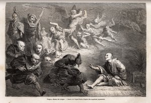 Tengu oder Dämon der Träume, kleiner Gott der japanischen Folklore, zoomorph, er nimmt die Form eines Raben an, ausgestattet mit magischen Kräften, es ist ein beliebtes Thema der Kunst, des Theaters und der Literatur in Japan. Gravur zur Illustration der R von Unknown artist