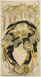 Die Schauspieler Sanjo Kantaro (rechts) und Fujimura Handayu (links) als Musiker unter Glyzinien von Unknown artist