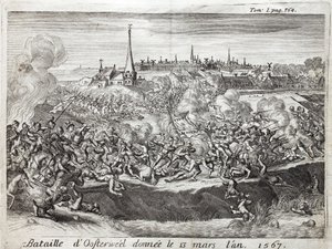 Die Schlacht von Oosterweel (Niederlande), die am 13. März 1567 stattfand, die erste Konfrontation des Achtzigjährigen Krieges (1567-1648). Gravur zur Illustration der 