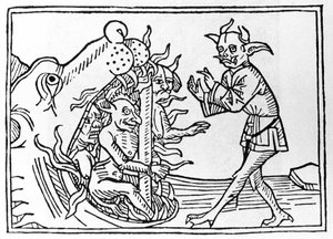 Der Belial-Prozess: „Der Belial-Dämon kehrt zum Eingang der Unterwelt zurück“ Gravur aus „Der Belial-Prozess“ von Jacobus de Teramo (oder Palladino), Augsburg