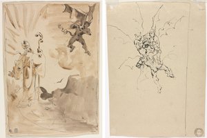 Der Bischof und der Dämon (recto); Drei Dämonen halten einen Ritter (verso) von Unknown artist