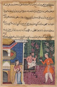 Der Brahmane erzählt seinem Freund, dem Magier, wie er sich in die Tochter des Königs von Babylon verliebt hat, aus einem Tuti-nama (Geschichten eines Papageis): Fünfunddreißigste Nacht