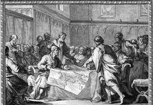 Das Karolingische Reich wurde zwischen den drei Söhnen von Ludwig dem Frommen aufgeteilt: Lothar I., Ludwig der Deutsche und Karl der Kahle, gemäß dem Vertrag von Verdun (843). Gravur des 18. Jahrhunderts von Unknown artist