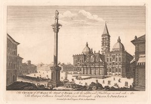 Die Kirche St. Maria Maggiore in Rom, mit den zusätzlichen Gebäuden auf jeder Seite; Auch die antike Säule, die von Papst Paul V. vom Tempel des Friedens hierher gebracht wurde