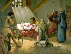 Der Tod von Christoph Kolumbus am 20/05/1506. Farbige Gravur aus dem 19. Jahrhundert