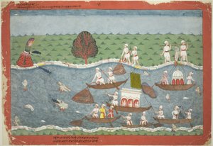 Der Dämon Sambar wirft den Säugling Pradyumna in den Fluss, Seite aus einem verstreuten Bhagavata Purana Manuskript von Unknown artist