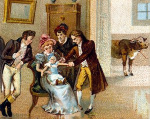 Der englische Arzt Edward Jenner (1749-1823) impft Pocken in den Arm eines Neugeborenen. Die Kuh, von der das Serum stammt, ist im Hintergrund. Chromolithographie aus dem 19. Jahrhundert. von Unknown artist