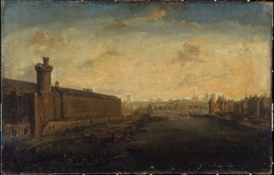 Die Grande Galerie du Louvre, mit der Porte Neuve, Pont-Neuf, Cité, Tour de Nesle und Quai Malaquais, ca. 1640, heutiges 1. und 6. Arrondissement, zwischen 1635 und 1645