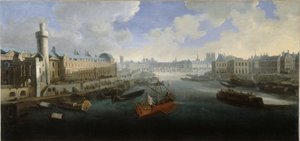 Die Grande Galerie des Louvre mit der Porte Neuve, dem Pont-Neuf, der Cité, dem Collège des Quatres-Nations im Bau und dem Quai Malaquais, ca. 1665. Auf der Seine die königliche Galeere, zwischen 1660 und 1670 von Unknown artist